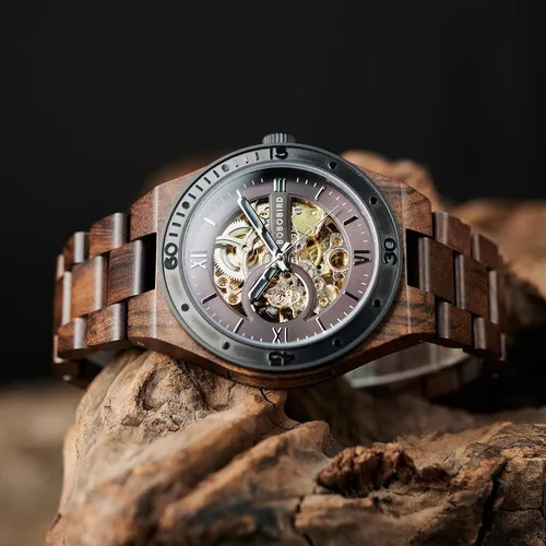 Miniatura 3 de BOBO BIRD Relojes de madera para hombre, reloj mecánico de esqueleto, relojes de pulsera ligeros de lujo con correa de madera natural de colección