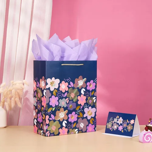 Miniatura 7 de SUNCOLOR Bolsa de regalo floral grande con papel de seda y tarjeta, diseño de flores coloridas, azul profundo, 13 x 10.2 x 4.7 pulgadas, para mujer