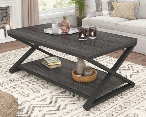 Miniatura 13 de HSH Mesa de sala de estar de madera de metal minimalista moderna negra con estante de almacenamiento, mesa central rectangular de 39 pulgadas y 2