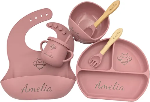 Miniatura 11 de Juego de Alimentación Personalizado para Bebé de 6 Piezas con Nombre, Grado Alimentario, Incluye Cuchara, Tenedor, Cuencos de Succión de Silicona