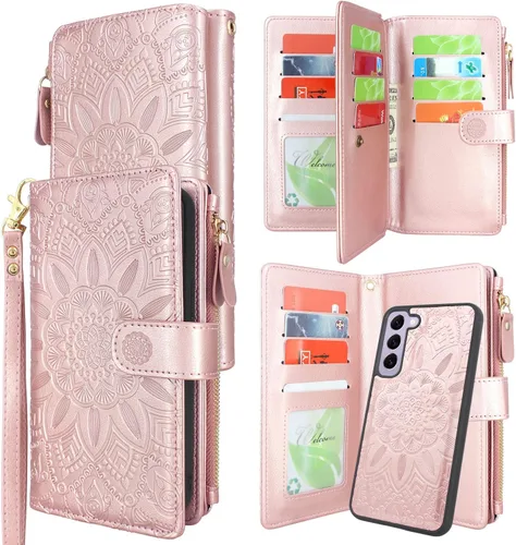 Harryshell Funda de cuero desmontable con cremallera magnética con bolsillo para monedas, 12 ranuras para tarjetas, correa de muñeca para Samsung