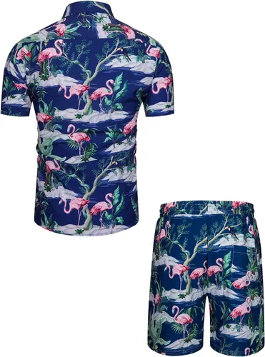 Miniatura 2 de fohemr Mens Hawaiian Shirt and Short Beach Set Match Tropical PineappleFlamingo Pattern Outfits Short Sleeve Short 2 PC