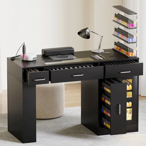 Miniatura 2 de Kikihouse Mesa de Manicura para Técnico de Uñas con Tapa de Vidrio y Cajón, Mesa para Técnico de Uñas con Estantes Móviles, Colector de Polvo, Carga