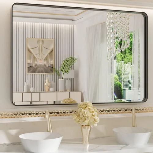 WEER - Espejo de baño negro de 48x32 pulgadas, espejo rectangular con marco de metal negro para pared, espejo de tocador mate de vidrio templado,