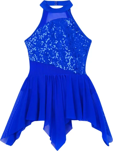 Miniatura 14 de YiZYiF Vestido de baile de lentejuelas para niños y niñas, leotardo de ballet, cuello alto, vestido lírico, traje de rendimiento irregular