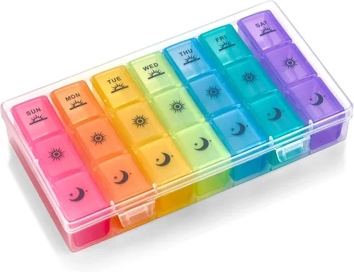 Miniatura 10 de Estuche organizador semanal de píldoras, 3 veces al día, dispensador de plástico grande con 7 compartimentos diarios de mediodía y noche