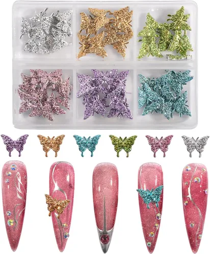 Miniatura 2 de 60 dijes de uñas de mariposa con purpurina 3D de mariposa para arte de uñas, de aleación de metal, encantos de uñas Kawaii para uñas acrílicas