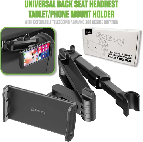 Miniatura 8 de Cellet Soporte universal para reposacabezas de coche para tabletas y teléfonos, soporte giratorio de 360° para tableta con brazo extensible, Negro
