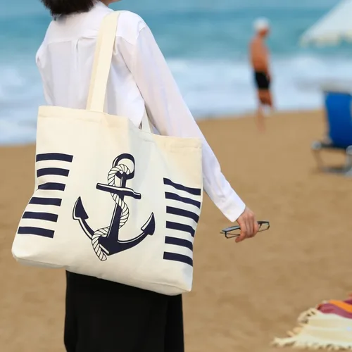 Miniatura 7 de Bolsa de lona con diseño náutico de anclaje con bolsillo interior, cremallera superior, bolsas de comestibles reutilizables para mujeres, playa