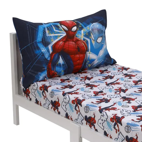 Miniatura 3 de NoJo Marvel Spider-Man to The Rescue - Juego de sábanas de 2 piezas para niños pequeños, color rojo, blanco y azul, sábana bajera ajustable