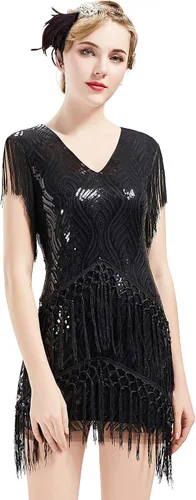 BABEYOND Vestido de fiesta de los años 1920 con flecos largos de Gatsby con lentejuelas de los años 20s vestido vintage Art Deco