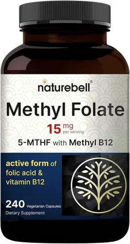 NatureBell L Metilfolato 15 mg (5-MTHF) con metil B12 1000mcg, 180 cápsulas vegetarianas | Acción dual de alta potencia para apoyo energético y