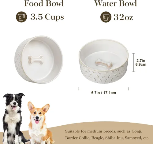 Miniatura 2 de Taza de comida para perros de cerámica MALACASA, 3.5 tazas o 32oz de plato de agua para comida de perro para razas medianas, taza para mascotas apta