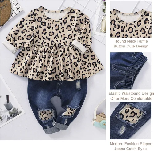 Miniatura 5 de NZRVAWS Ropa para bebé niña pequeña, conjunto de pantalones de mezclilla rasgados con volantes florales de leopardo para niña 0-4T