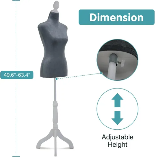 Miniatura 6 de Maniquí femenino de torso y cuerpo de maniquí con forma de maniquí de altura ajustable de 49.6 a 63.4 pulgadas con trípode de madera para ventana