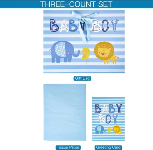 Miniatura 5 de Loveinside Bolsa de regalo para bebé niño con papel de seda y tarjeta de felicitación para baby shower, nuevos padres y más, diseño animal azul, 16