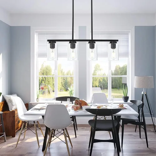 Miniatura 3 de TODOLUZ Lámparas colgantes negras con pantallas de vidrio transparente, 4 luces linares de isla de cocina para granja, comedor, cocina, mesa de Negro