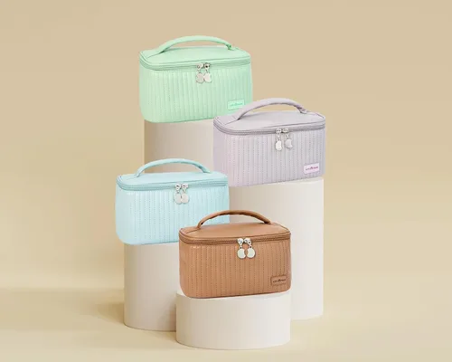 Miniatura 2 de Bolsa de maquillaje de viaje, estuche de cosméticos con soporte para brochas de maquillaje, organizador portátil de piel sintética para mujer, Café