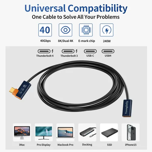 Miniatura 2 de Cable USB C codo hembra a macho de 1.64 pies, compatible con Thunderbolt 4/3, USB4/3, soporta carga rápida de 240 W (48 V/5 A máximo), transferencia