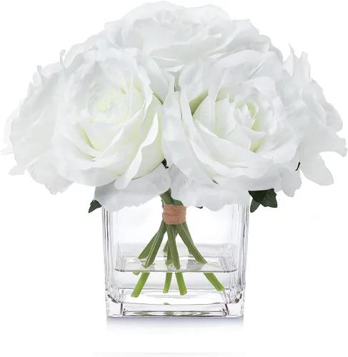 Miniatura 11 de 7 rosas artificiales de tallo grande en jarrón, rosa falsa con flores falsas en jarrón para decoración del hogar, mesa de boda (rosa)