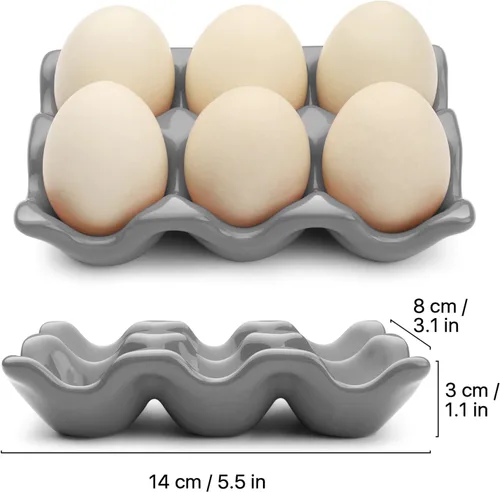 Miniatura 7 de Flexzion Organizador de huevos cerámico para nevera - Bandeja de huevos de 6 tazas, contenedor de porcelana para media docena, organizador de Gris