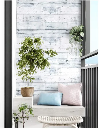 Miniatura 3 de HAOKHOME Papel Tapiz de Madera Despegar y Pegar Shiplap Gris Claro/Blanco/Azul Tablón de Madera Desgastada Removible Forro de Estante Papel