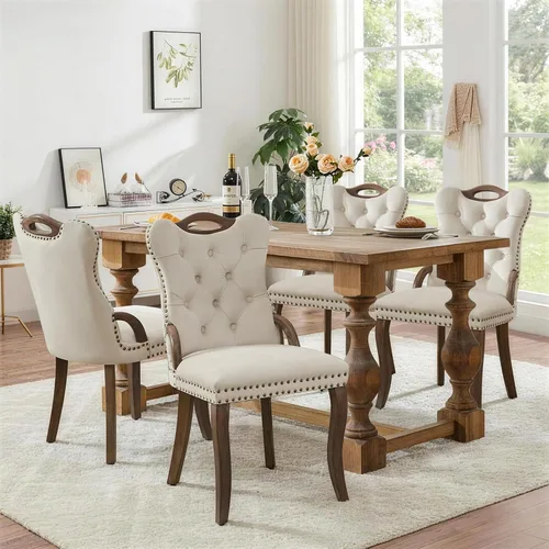 Miniatura 131 de SoarFlash Juego de 2 sillas de comedor de tela de lino, sillas de comedor tapizadas con ribete de cabeza de clavo y patas de madera de color claro