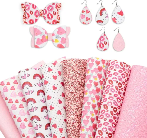 Hying 8 hojas de cuero sintético rosa de San Valentín para manualidades, hoja de cuero sintético con purpurina de 8 x 13 pulgadas, hojas de tela de