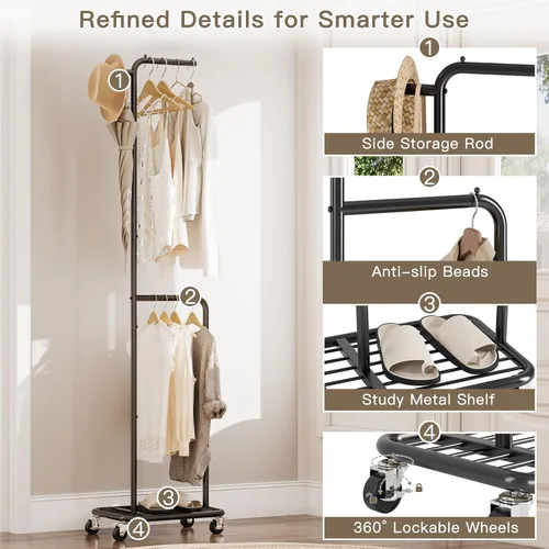 Miniatura 4 de Perchero pequeño con ruedas, perchero portátil de 71 pulgadas con estante inferior de metal, perchero con barra para colgar, perchero resistente