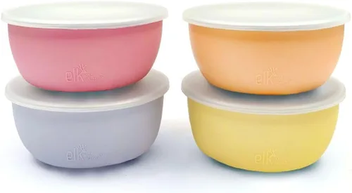 Elk and Friends Cuencos de acero inoxidable + funda de silicona y tapa de almacenamiento | Bebés, niños pequeños | Cuencos para cereales y