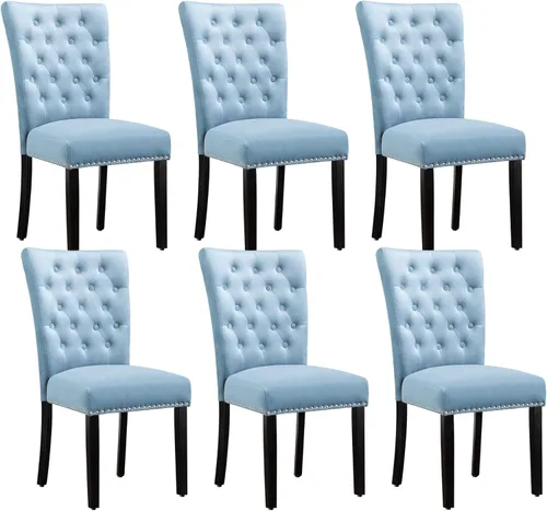 Miniatura 10 de Juego de 4 sillas de comedor de cocina de terciopelo, silla de comedor tapizada Parsons, silla decorativa de madera con ribete clavado, azul