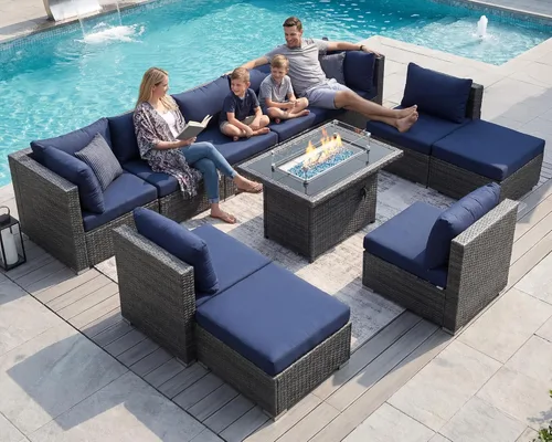 Miniatura 83 de NICESOUL Juego de muebles de patio para exteriores de 7 piezas con mesa para hoguera, gas natural y propano convertible, respaldo alto de 29.3