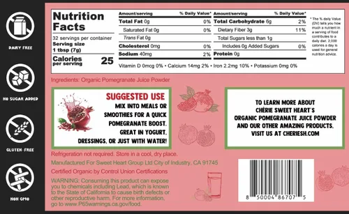 Miniatura 2 de Cherie Sweet Heart USDA - Jugo de granada orgánico en polvo, 8 onzas, polvo de fruta natural, sin azúcar ni aditivos, gran sabor para bebidas