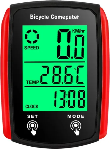 Computadora de bicicleta, computadora de bicicleta con cable, 19 funciones, velocímetro, impermeable, con retroiluminación Rojo