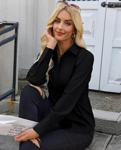 Miniatura 7 de siliteelon Camisas con botones para mujer, cintura ceñida, camisa de vestir de algodón de manga larga para negocios, casual, trabajo, oficina