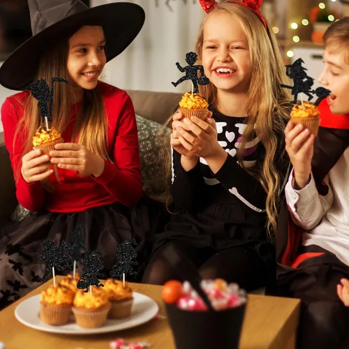 Miniatura 7 de Gyufise 24 adornos de Halloween para cupcakes con purpurina negra para dulce o truco de Halloween, decoraciones para baby shower, niños y niñas