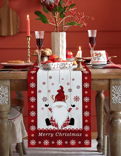 Miniatura 2 de Camino de mesa de lino y algodón de Feliz Navidad, gnomo, copo de nieve, camino de mesa de madera para mesa de comedor, decoración de cocina