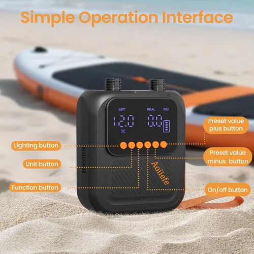 Miniatura 7 de Bomba eléctrica recargable portátil para tabla de remo de SUP, inflado y desinflado inteligente de doble etapa, hasta 20 PSI y apagado automático