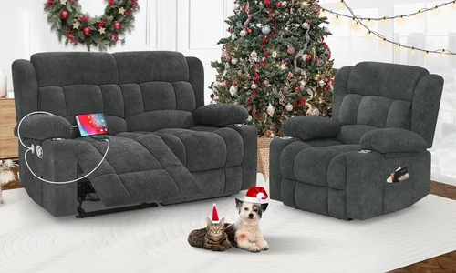 Juego de Sofá Reclinable de Dos Plazas con 2+1 Piezas, Sillón Reclinable Minimalista de 2 Plazas con Pestaña de Tirón Manual, Tela con Puertos de