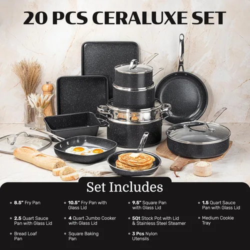 Miniatura 2 de Granitestone Ceraluxe - Juego de 20 piezas de utensilios de cocina de cerámica antiadherente, juego completo de ollas y sartenes antiadherentes