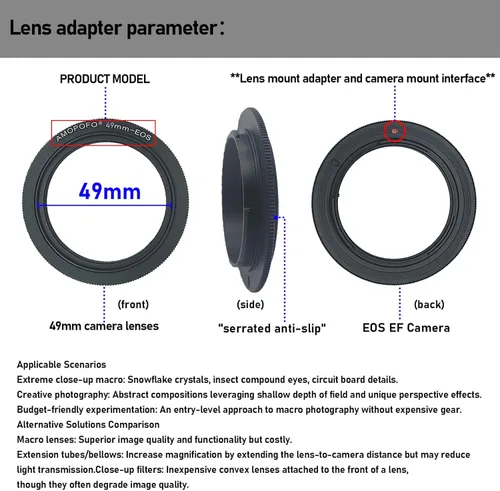Miniatura 2 de Anillo inverso de lente macro de 1.929 in compatible con Canon EF-S 90D 80D 70D 60Da 60D 50D 40D 30D T6 T7 T5 SL3 SL2 T8i T7i T6i T6s T5i con lente