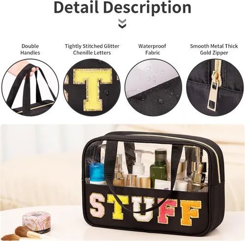 Miniatura 3 de Eurovicky Bolso de Maquillaje Transparente con Letras de Chenilla, Bolsa de Maquillaje de Nailon Preppy con Asa y Cremallera, Bolsa de Viaje