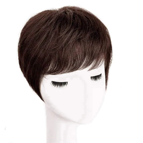 Miniatura 4 de Toppers de cabello humano con clip y flequillo, extensiones de cabello para mujeres con cabello delgado, 5.9 x 6.3 pulgadas, lacio, color marrón