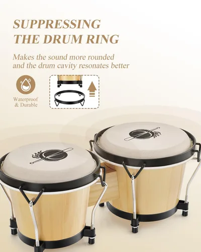 Miniatura 7 de Batería de bongó Eastar de 6" y 7" de madera, instrumento de percusión para niños, adultos y principiantes con acabado natural, EBO-1 Natural Finish