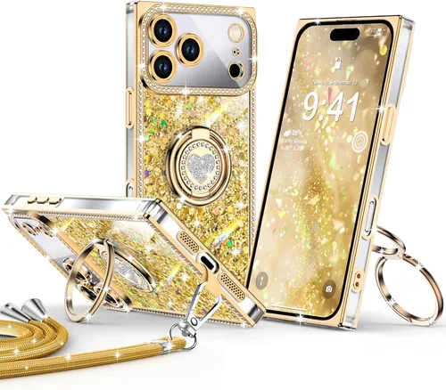 Miniatura 62 de XYZ Funda para iPhone 13, con purpurina brillante con soporte de corazón de 2 anillos y cordón, funda protectora a prueba de golpes con diamantes