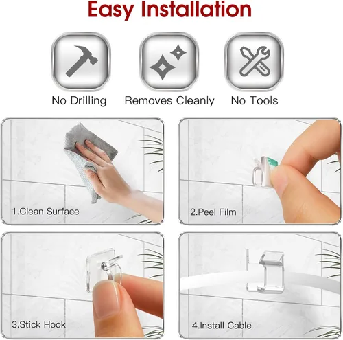 Miniatura 8 de Latoxcaa 120 clips adhesivos resistentes para cables, organizador de cables transparente sin rastro y soportes de cables para pared, escritorio