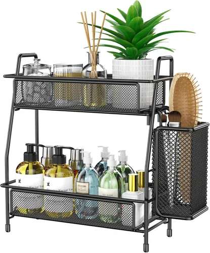 Organizador de baño con canasta, bandeja de baño de 2 niveles para estante de almacenamiento de encimera, organizador de encimera de baño, Negro