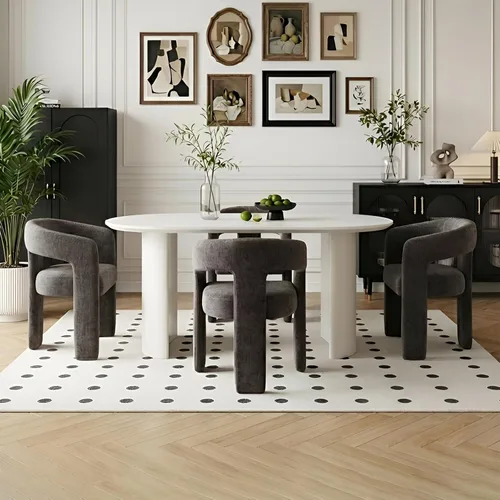 Miniatura 33 de Silla de Comedor Moderna de Chenilla Tipo Barril Tapizada en Tela, Silla de Comedor con Brazo, Cómoda Silla Auxiliar de Acento para Cocina/Sala
