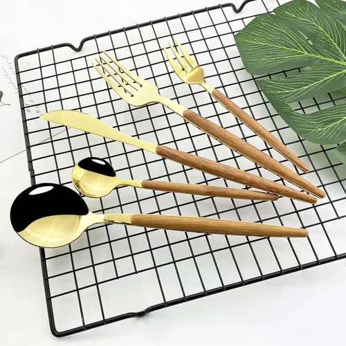 Miniatura 2 de JASHII Juego de cubiertos de 30 piezas para 6, cubiertos de acero inoxidable con mango de madera imitada, juegos de vajilla que incluyen tenedores