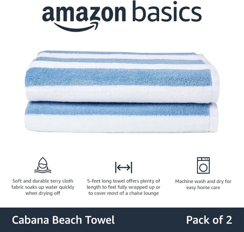 Miniatura 2 de Amazon Basics Soft & Absorbent Beach Towels, 100% Cotton, Cabana Stripe, Machine Washable, Quick Dry, Large 30" x 60", Sky Blue, 4-Pack